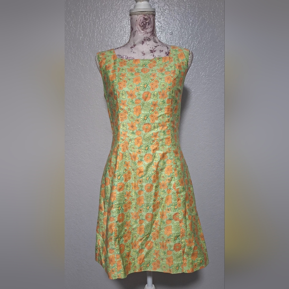 Exquisite Vintage Lilly Pulitzer Mint Apricot Floral Shift Sleeveless Dress 8